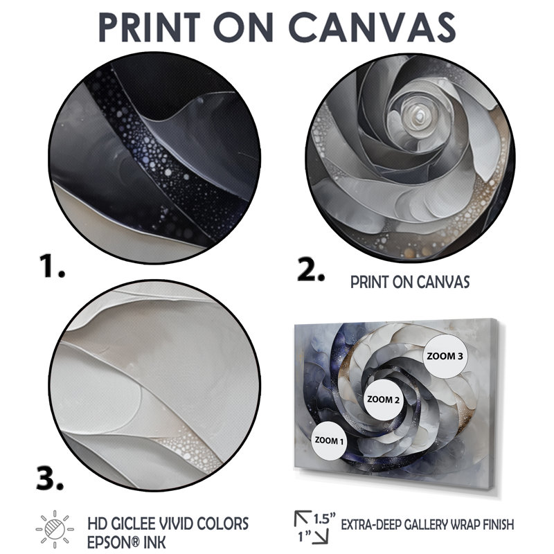 Abstrait Vortex cosmique noir et blanc III - Abstrait spirales murales, 24" H x 32" W, Cadre flottant, Doré