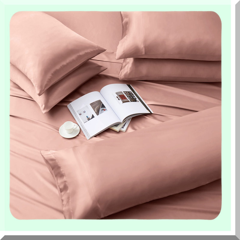 Rose Gold Luxe Silky Queen Bedding Set - 7 Piece Set with Soft Fitted Sheet, Flat Sheet, Pillowcases, and Body Pillowcase - Luxurious and Elegant Sleep Experience