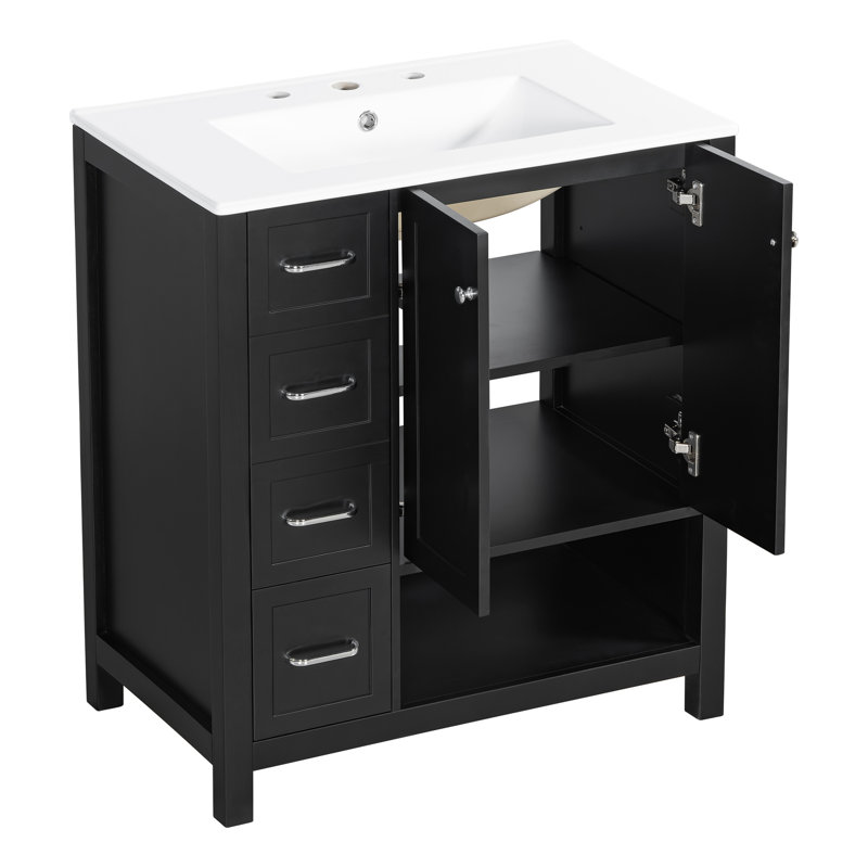 Meuble-lavabo simple autoportant noir 30 po avec lavabo et rangement en céramique, Noir
