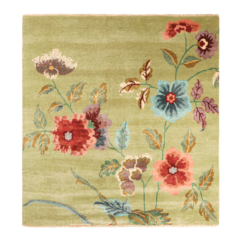 Rug & Kilim’S Chinese Art Deco Square Rug In Green With Colorful Floral Patterns, Rectangle 8' x 10'