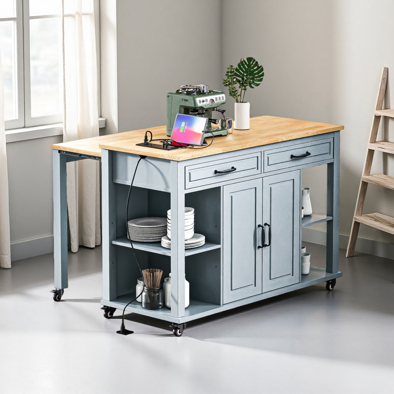 47 Inch Kitchen Island With Extendable Dining Table, Rubber Wood Veneer Kitchen Table With Internal Storage Rack, Blue