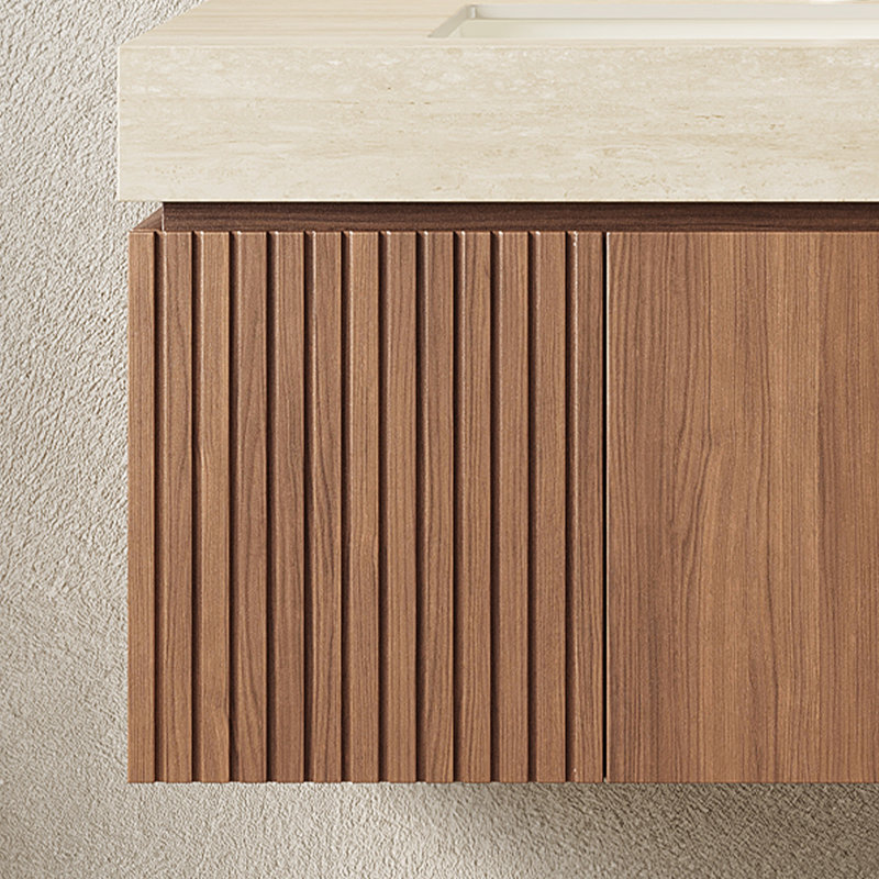 Meuble-lavabo simple moderne de luxe de 76 cm (30 po), de style médiéval, mural, avec dessus en faux marbre et lavabos suspendus en bois.