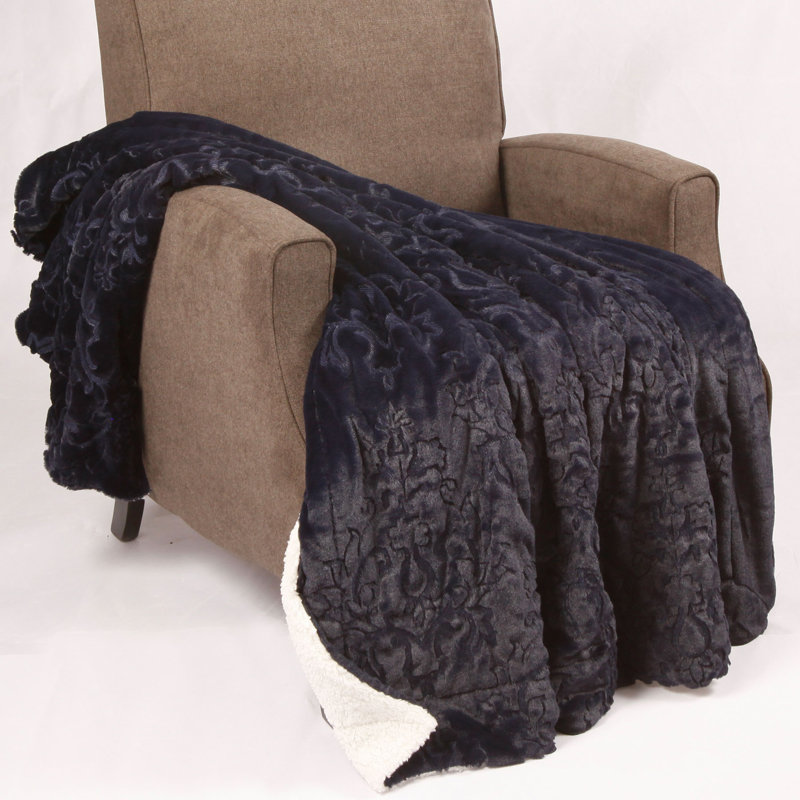Floral Knitted and Hand Woven Blanket, 152.4cm L x 203.2cm W, Peacoat