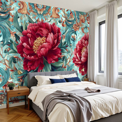Papier peint Baroque pelez et collez, pivoines florales de luxe rétro H 100 po x l 144 po, papier mural amovible en PVC auto-adhésif pour chambre à coucher, bureau à domicile