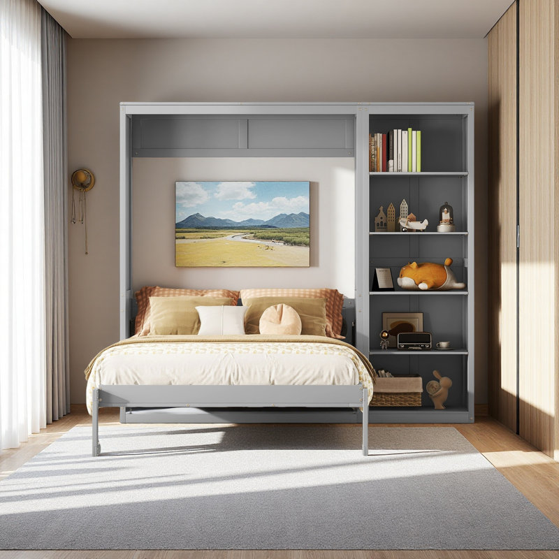 Murphy Bed Wall Bed With Cabinets, Gray, Queen