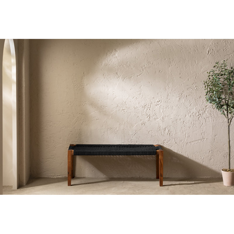 Black and Natural Acacia Wood and Rope Bench