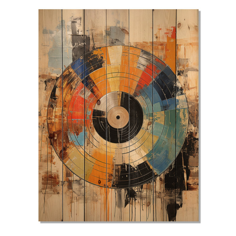 Disque vinyle rétro vinyle II - décor de bois tendance sur bois de pin naturel, H 32 po x l 24 po