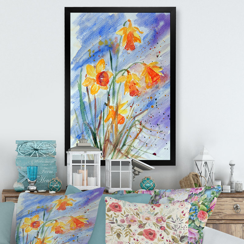 Printemps fleurissant jaune orange - œuvre d'art traditionnelle sur toile, Impression noire sur toile encadrée