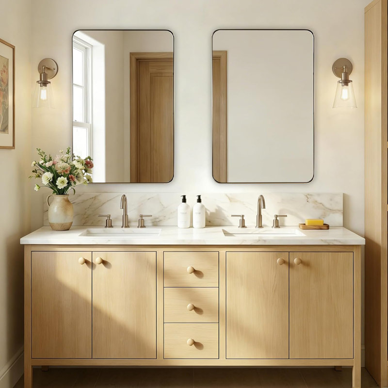 Inse Modern Rounded Rectangle Bathroom Vanity Mirror | Stainless Steel Frame, 36" x 24", Champagne Bronze