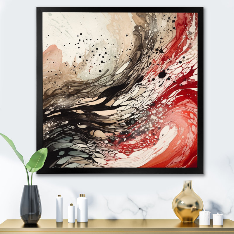 Agate I rouge et rouge sur toile, Cadre simple noir, H 30 po x l 30 po x P 1 po