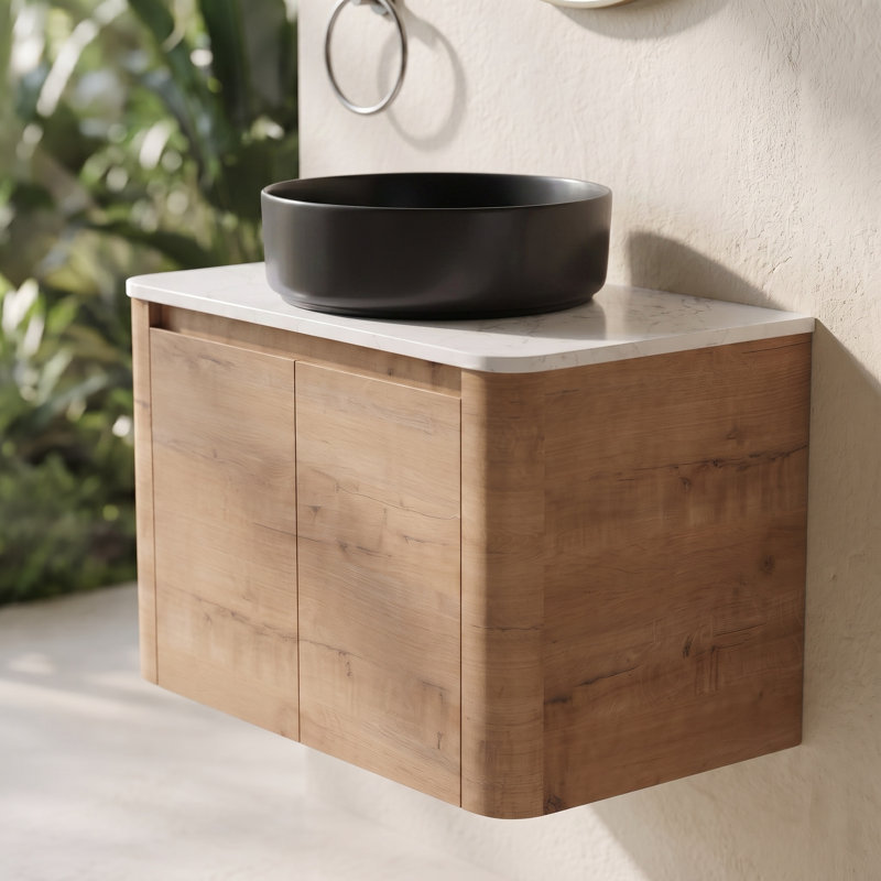 Ensemble de meuble-lavabo simple mural 30 po avec lavabo vasque noir mat et 2 portes en chêne imitation moderne