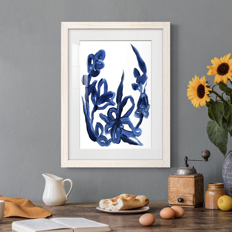 Indigo brossé Blooms II encadré mat - prêt à accrocher, Blanc, H 44 po x l 31 po x P 1 po