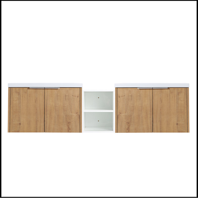 Meuble-lavabo 72 po à fermeture en douceur avec lavabo et petites tablettes de rangement, Imitation chêne