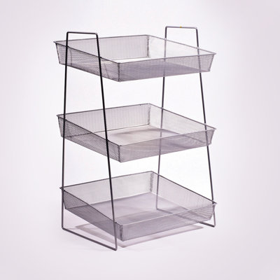 WB1-3TIER – 15.75" X 13.5" Silver Mesh 3-Tier Wire Basket Stand, 26.5" Tall