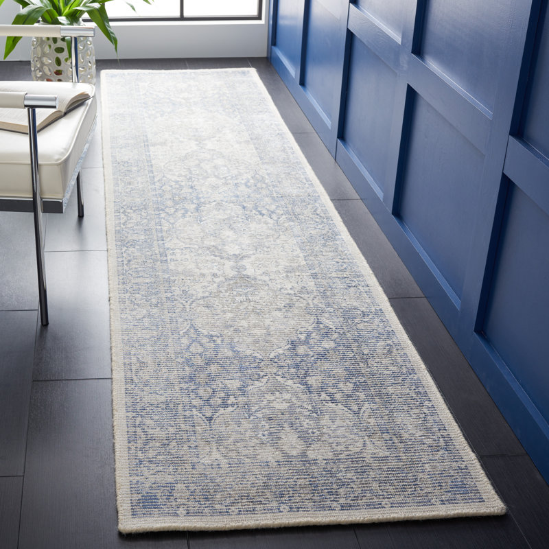 Restoration Vintage Hand Loomed Wool/Viscose Oriental Rug in Blue/Ivory, Runner 2'3" x 9'