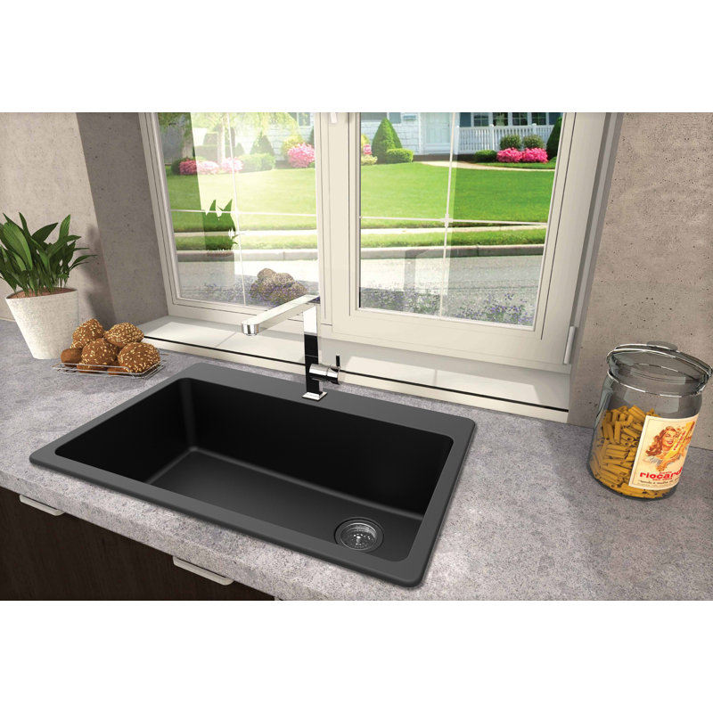 Évier de cuisine à double montage en granite L 33 po x l 22 po, Noir
