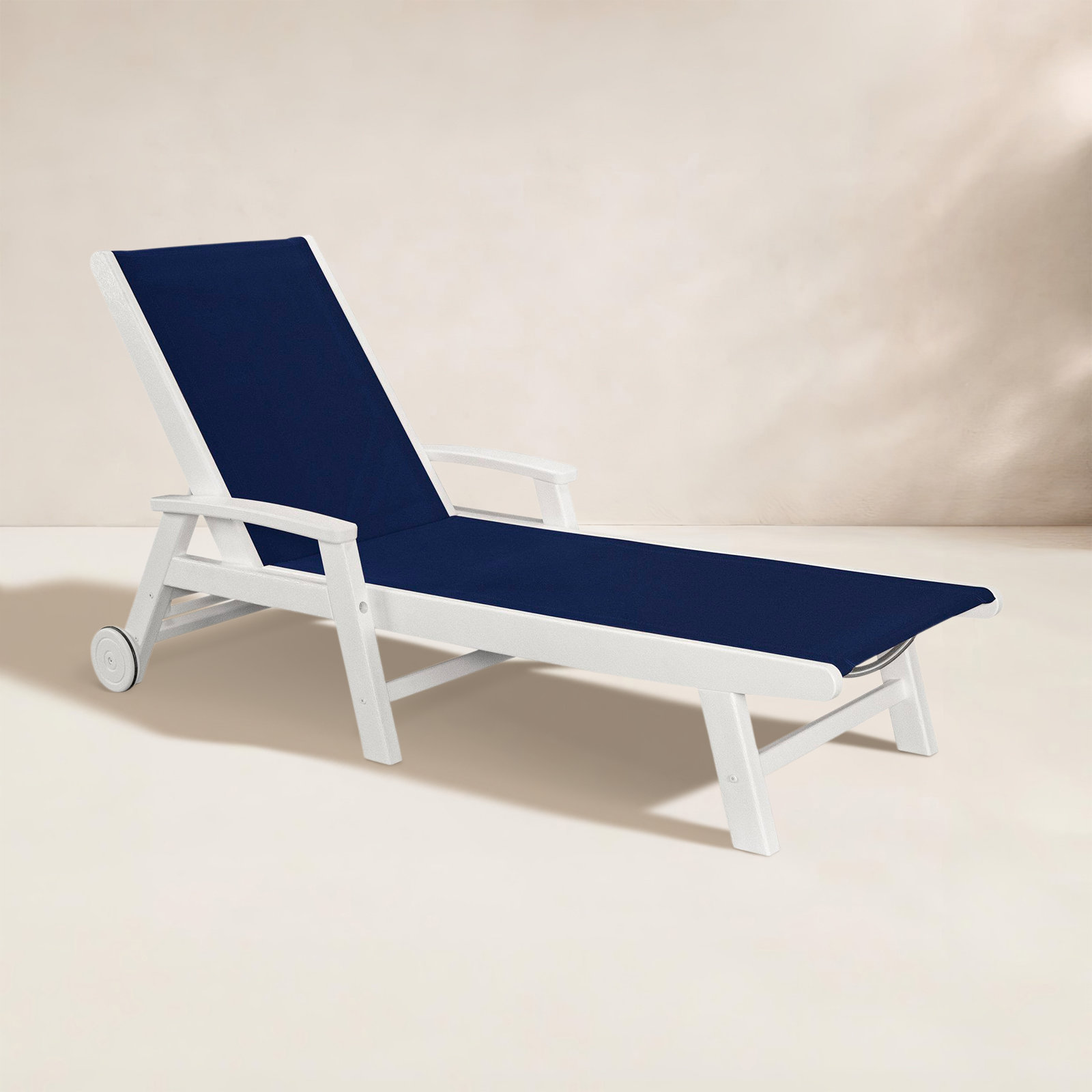 POLYWOOD Coastal Chaise with Wheels, White, Navy Blue