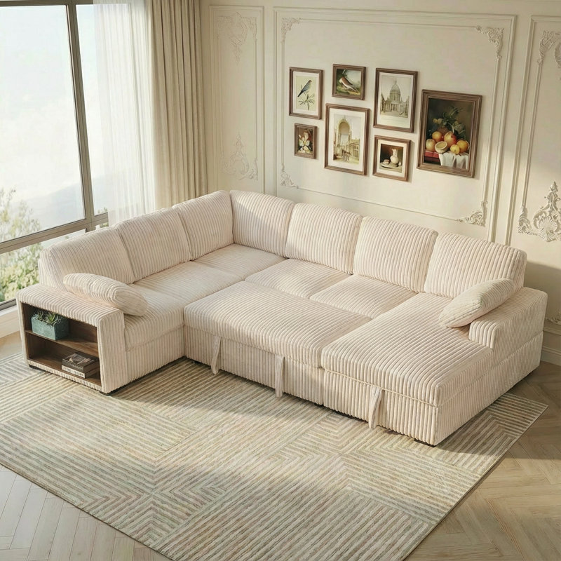 117" Corduroy U-Shaped Sleeper Sectional with Storage Chaise & Side Bookshelf, Beige, Beige
