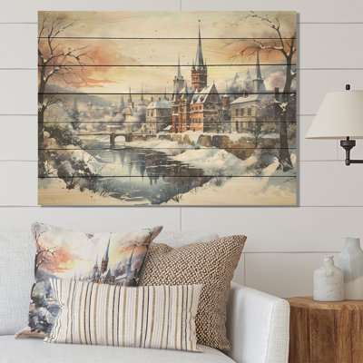 «Wonderful Castle Winter At Christmas - Winter Landscape on Wood Print»