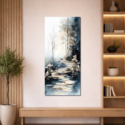 «Beige Blue Woodtrail Fall Lake Path I - Beige Serene Large, impression sur toile encadrée automne