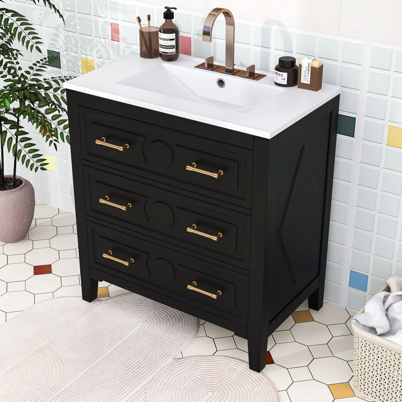 Meuble-lavabo rétro avec 3 tiroirs et lavabo en céramique pour la salle de bain, Noir