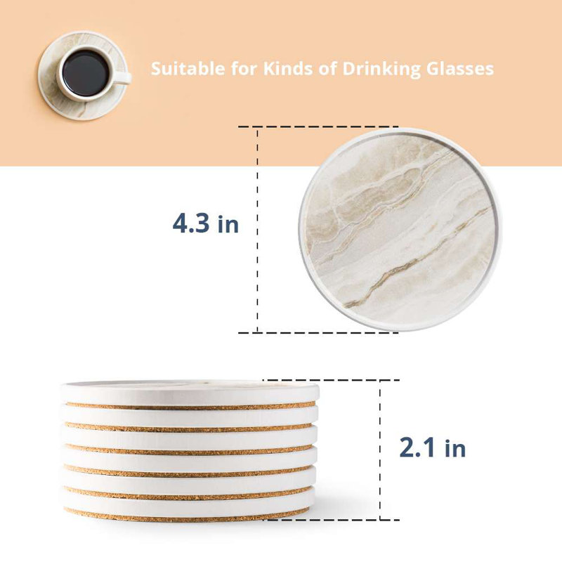  4.3" Yellow Marble Ceramic Coaster Set with Holder - 6 Pieces