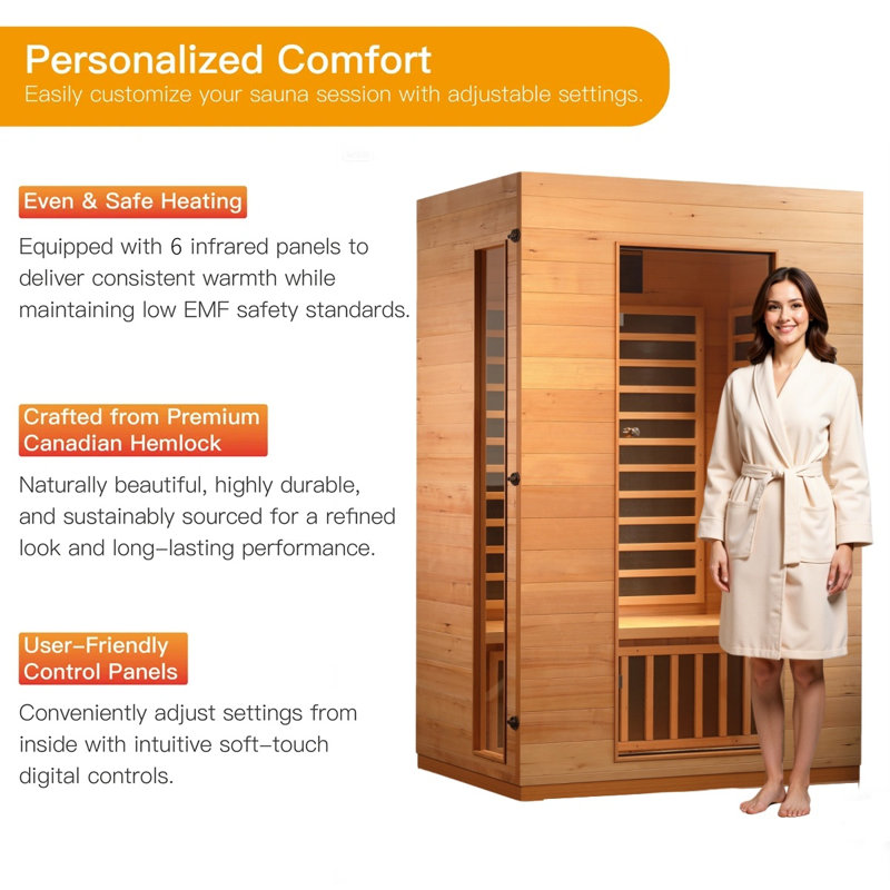 Hongyuan 2-Person Indoor low EMF FAR Infrared Sauna in Hemlock