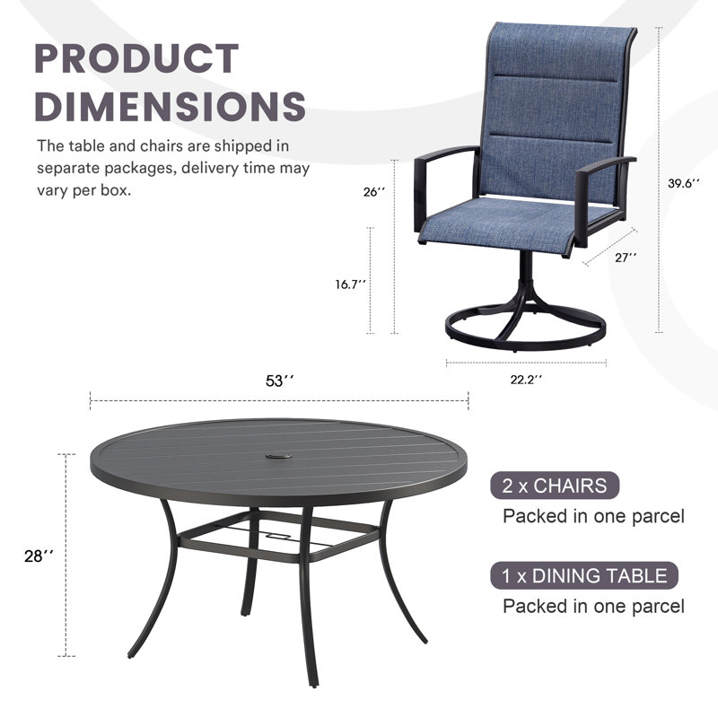 6-Person Patio Dining Set with 53" Round Metal Dining Table and 6 Padded Swivel PVC-coated polyester Chairs, Black/Blue