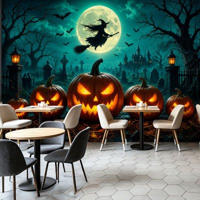 Peel and Stick Wallpaper Wall Mural Halloween Night Glowing o Lanterns Witch Cemetery Wall Art Self Adhesive and Removable