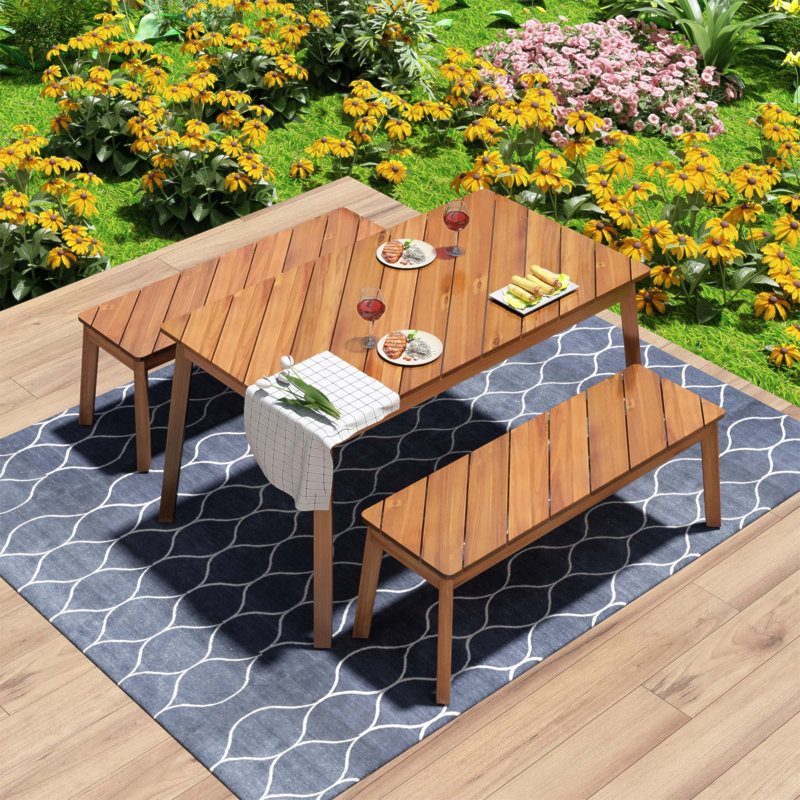 3 Pieces Acacia Wood Table Bench Dining Set For Outdoor & Indoor Use, Stable And Durable With Unique Twill Wood Design