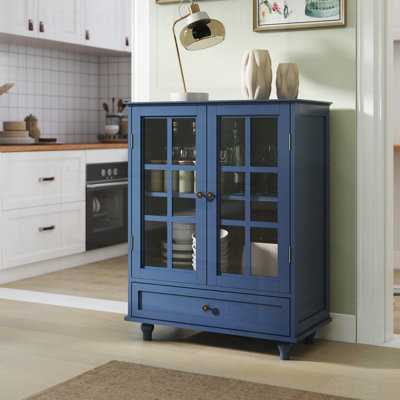Minimalist Blue Buffet Cabinet with Double Glass Doors and Drawer, Modern Wooden Storage for Living and Dining Areas