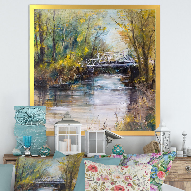 Pont blanc sur une rivière d'été - art mural traditionnel sur toile, H 30 po x l 30 po x P 1 po, Encadrement doré