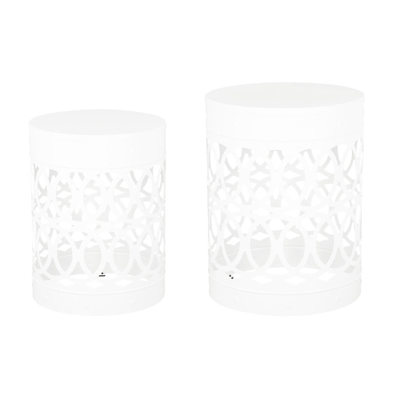 Charming Outdoor Metal End Table S/2, White Powder-Coated Iron, Modern Design With Iron Cut, No Assembly Required, 13.54W X 13.54D 17.68H & 12.00W 12.00D 16.00H S/2 Tables, Look, Cut Design, Assembly,
