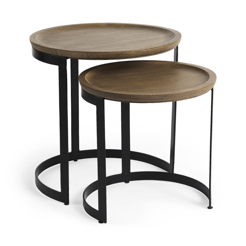 Ensemble de deux tables gigognes rondes en fer et en bois massif brun et noir