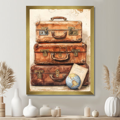 Brown Blue Vintage Travel Suitcases - Retro Picture Framed Wall Art