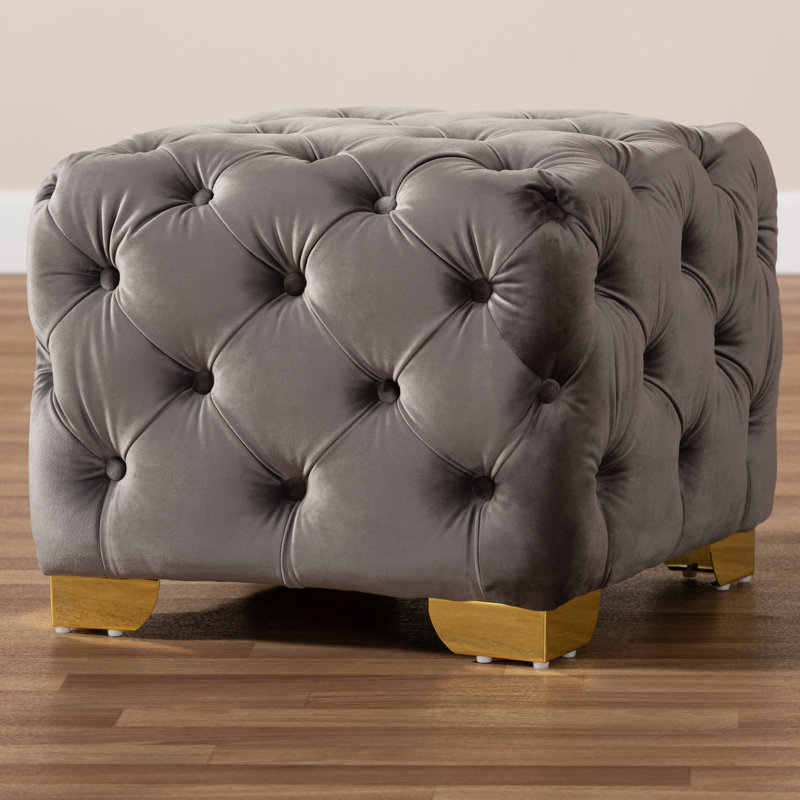 Velvet Tufted Square Solid Colour Cube Ottoman, Grey