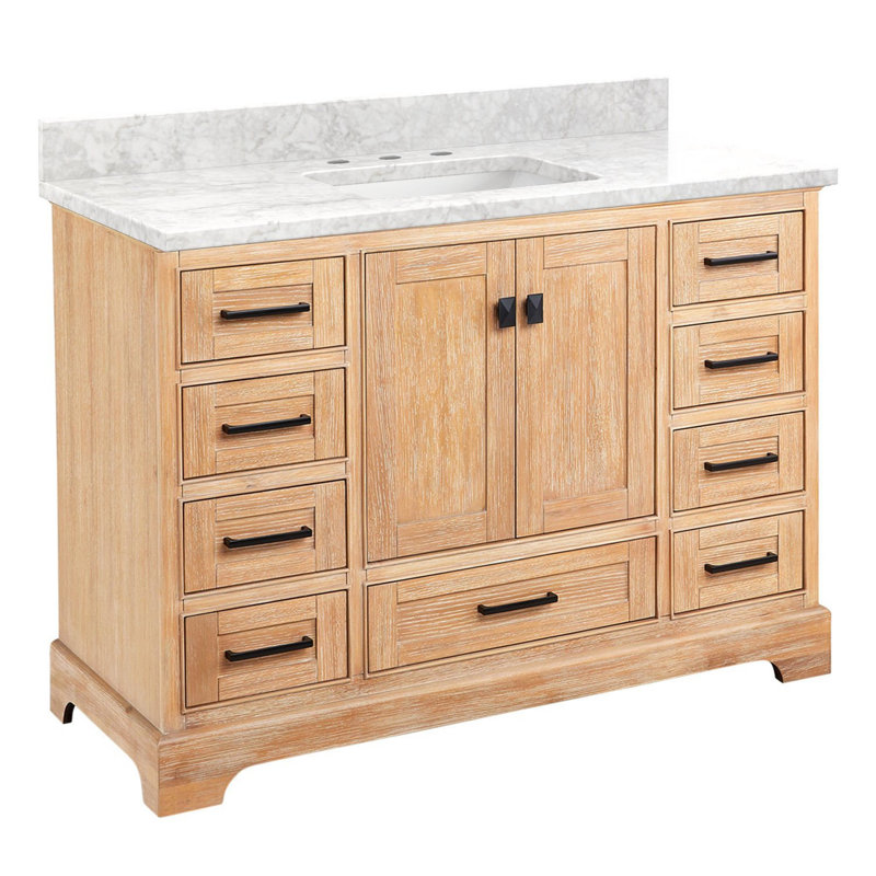 Quen 48" Freestanding Single Basin Vanity Set with Cabinet, Vanity Top, 8" Widespread, Driftwood Brown, Carrara Marble