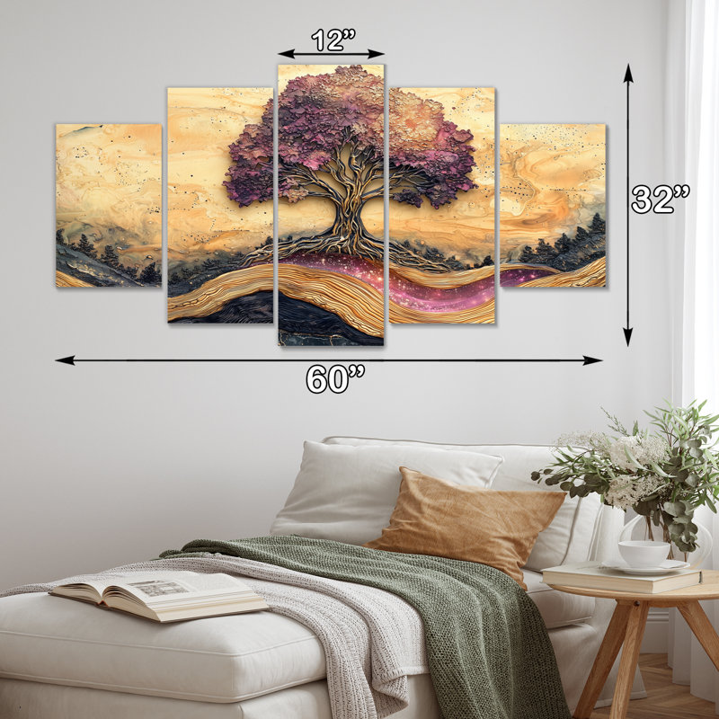 Arbre de vie bourgogne sur pierre, rivière I - art mural arbre de vie - art mural traditionnel pour le salon, 5 pièces