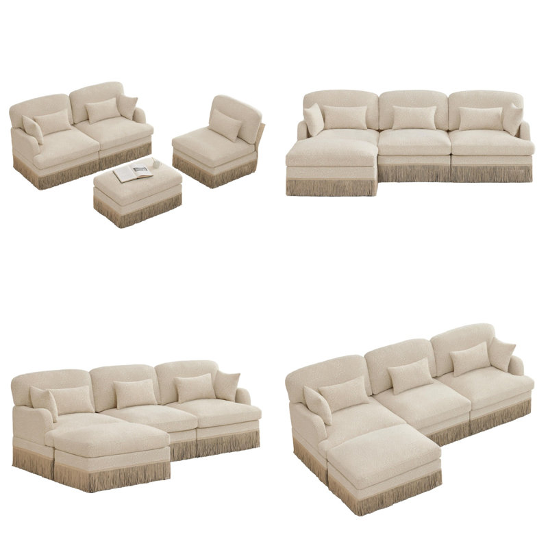 100" Modern Leopard Print Chenille L-Shaped Sofa, 3-Seater Sectional Sofa with Movable Ottoman, Delicate Tassel Edge, Ergonomic Deep Seat, Easy Assembly for Living Room