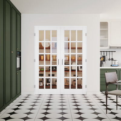 Interior 5-Lite Clear Glass Door, CARB P2 MDF & SGCC Tempered Glass French Doors, Includes Frame & Matte Black Hardware-Ball Catches & Hinges & Handles, Pre‑Finished & Waterproof, Pantry, Bedroom, Bathroom & Closet, Easy DIY Stain, 64"x 80"