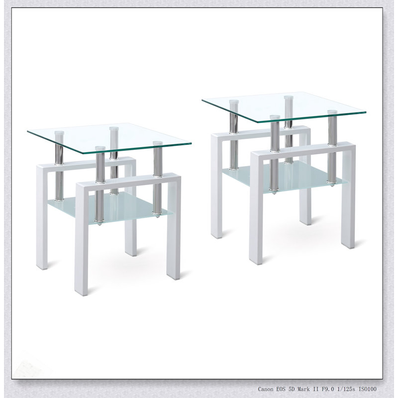 Tables de bout 2 pièces en verre trempé blanc transparent avec rangement à 2 couches, pour des espaces de vie modernes et compacts