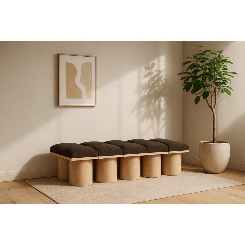 Banc rembourré Husnan, H 17,5 po x l 77,5 po x P 36 po, Naturel, Tissu brun bouclé