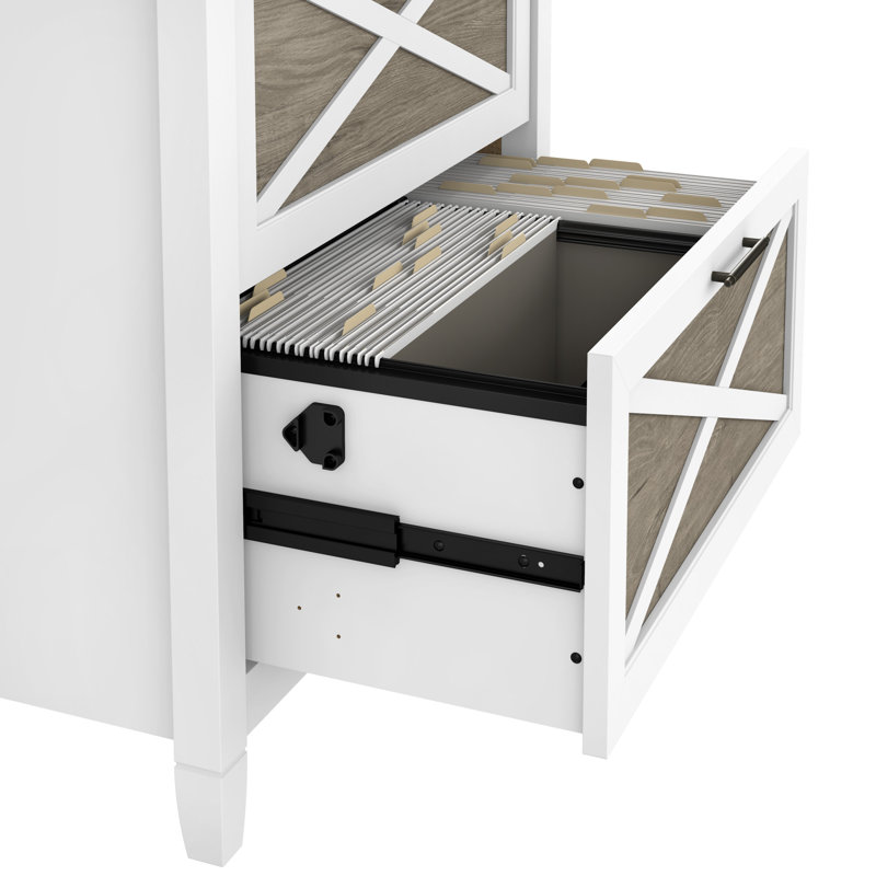 Bureau de direction en L avec classeur à 2 tiroirs Ozro, Shiplap gris / blanc