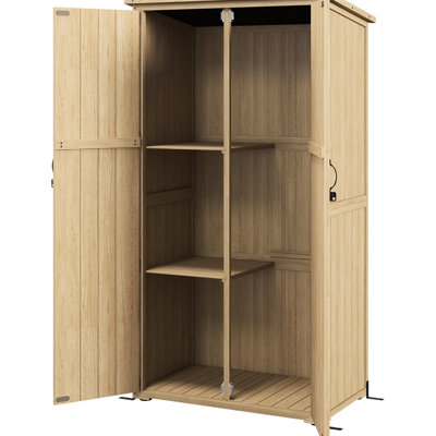 Remise en bois naturel pour l'extérieur avec portes verrouillables, toit en asphalte et tablettes - Outils d'armoire