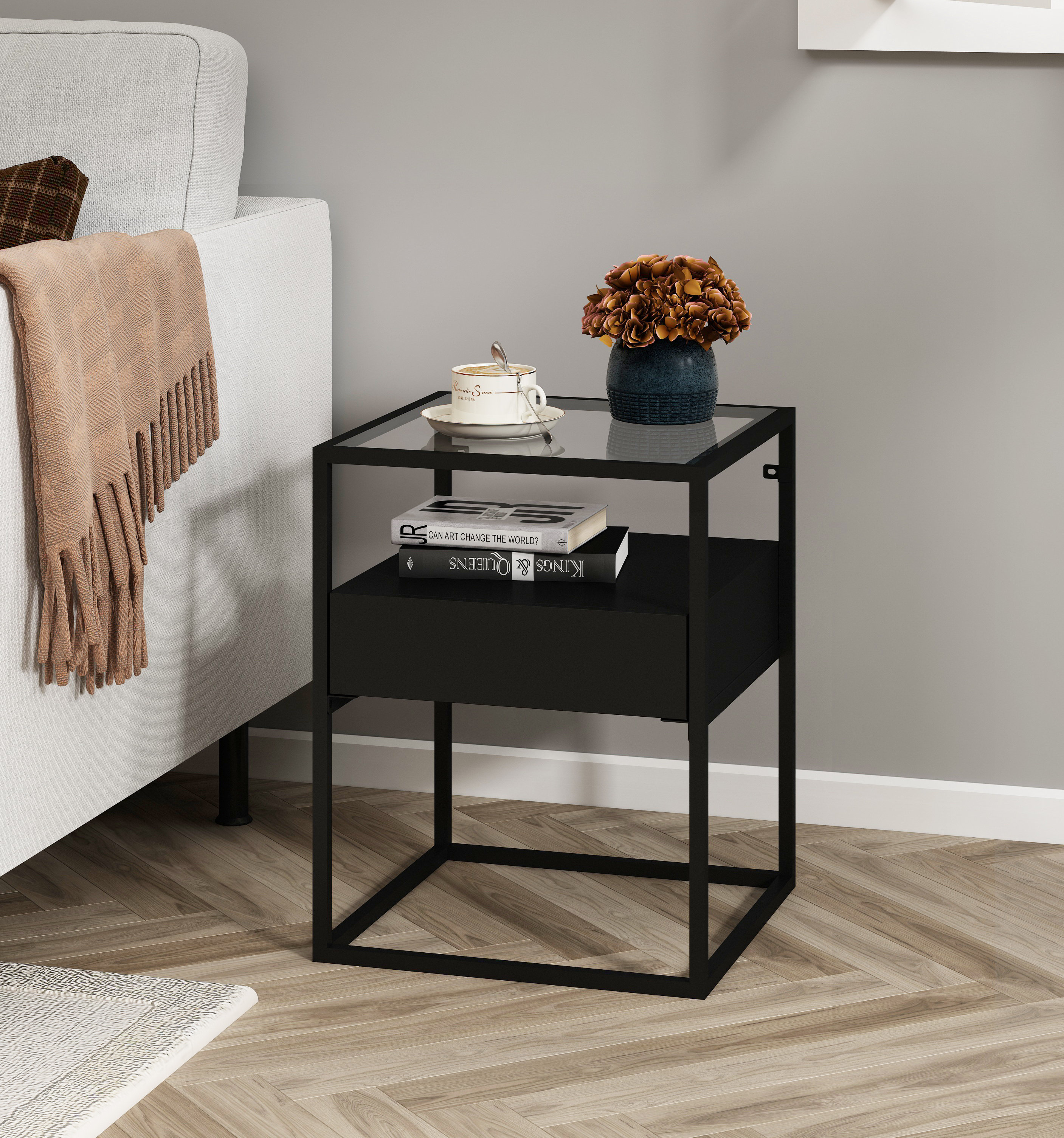 Black metal side table deals with shelf