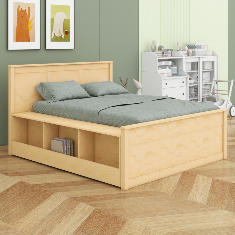 Lit plateforme moderne en bois avec lit gigogne et tablettes, Natural, Full / Double