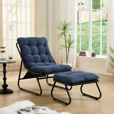 Fauteuil inclinable pour le patio avec repose-pieds, fauteuil Sling confortable, coussin moelleux doux, idéal pour la salle de lecture, structure noire, coussin bleu marine, limite de 300 livres, style moderne, revêtement en poudre d'acier, extérieur en velours côtelé 300 g