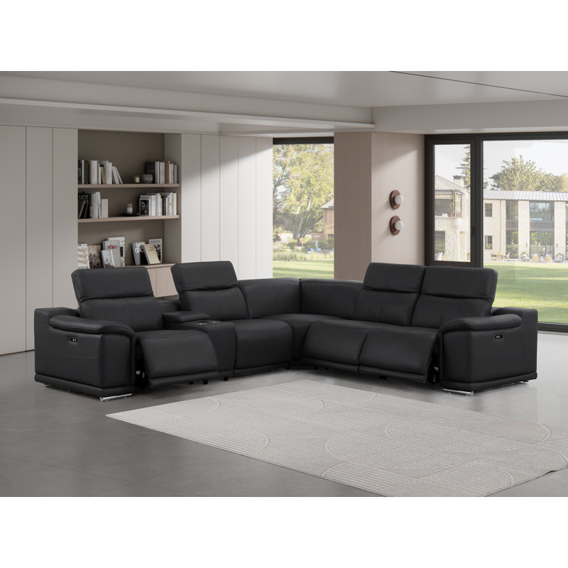 6-Piece L-Shaped Power Reclining Sectional In Genuine Leather – 3 Recliners, Black Top Grain Leather