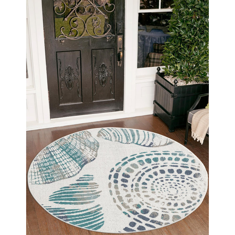 Tapis intérieur / extérieur ivoire / bleu Amaranthine, Rond 4 pi