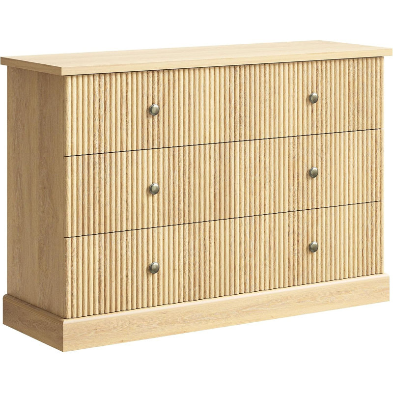 Commode 6 tiroirs pour chambre à coucher, commode horizontale cannelée, commode en bois de 47 po de largeur avec poignées en métal, commode de rangement moderne pour chambre d'amis, naturel